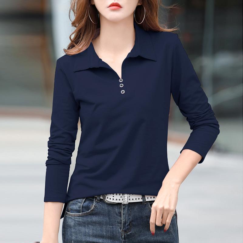 Cotton T Shirt Office Woman Spring Casual Long Sleeve Lapel T-shirt Autumn Loose Korean Style Plus Size Female Shirts
