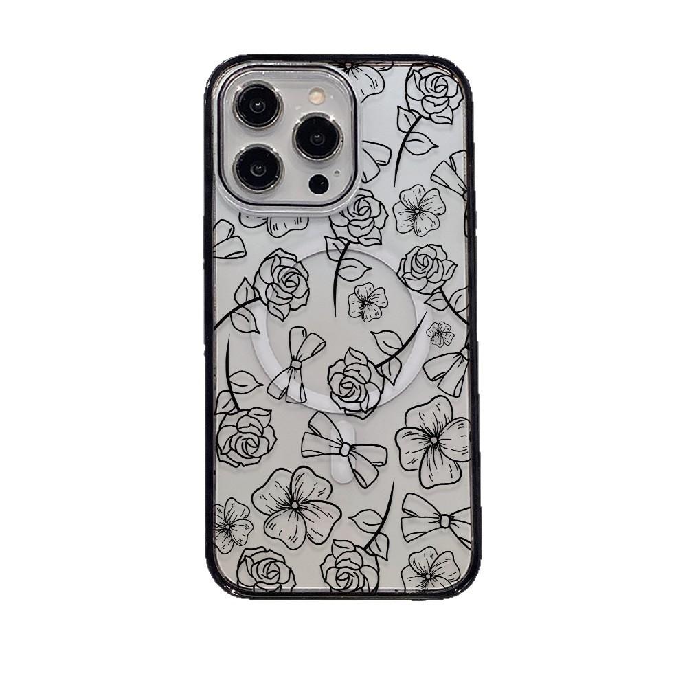 Sketch sweet rose mobile phone case iPhone15 magnetic transparent Apple 17promax anti-drop protective case 16