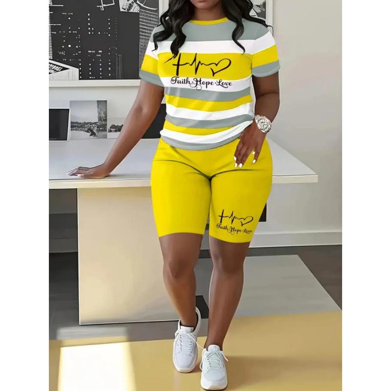 Ladies Elastic Tight Short Sleeve Top High Rise Skinny Shorts 2 Piece Running Training Outfit