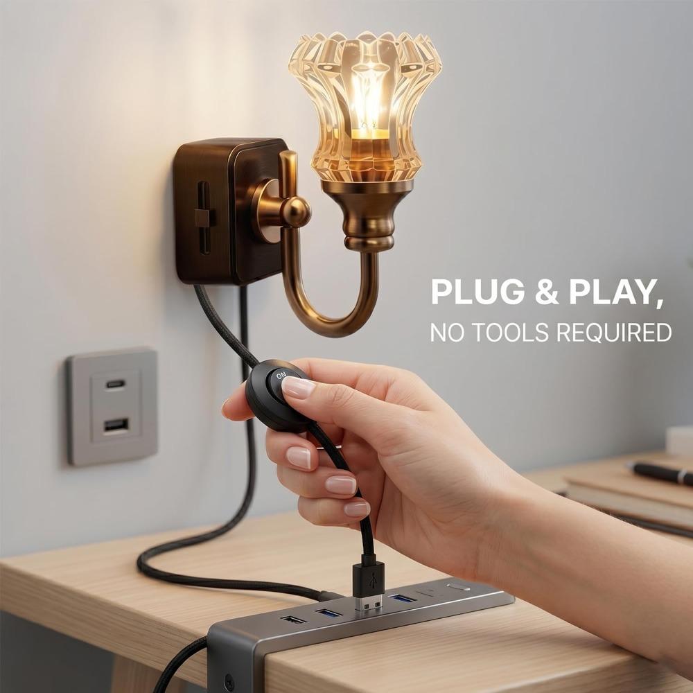 Wandleuchte im Retro-Stil, Steck-Nachtlicht, USB-betrieben, mit Schalter, Glaslampenschirm in Warmlicht, Wandleuchte im Landhausstil.