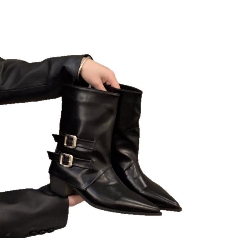 Pointed high-heeled brown small short boots women's shoes new spring and autumn single boots retro belt buckle medium tube pants tube boots