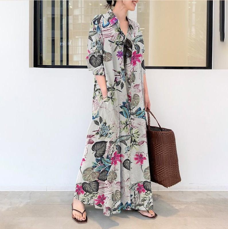 

Women s cotton and linen printed lapel collar long sleeve pocket simple loose casual long shirt dress 5XL