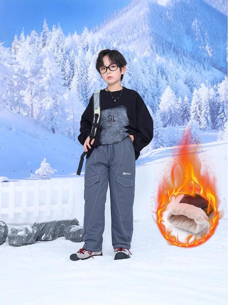 Chłopięce zimowe bawełniane spodnie z podszewką z polaru: Wiatroodporne, Ciepłe, Wodoodporne Luźne Spodnie Sportowe