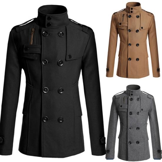 Men Long Sleeve Lapel Collar Double-breasted Pockets Woolen Slim Trench Coat