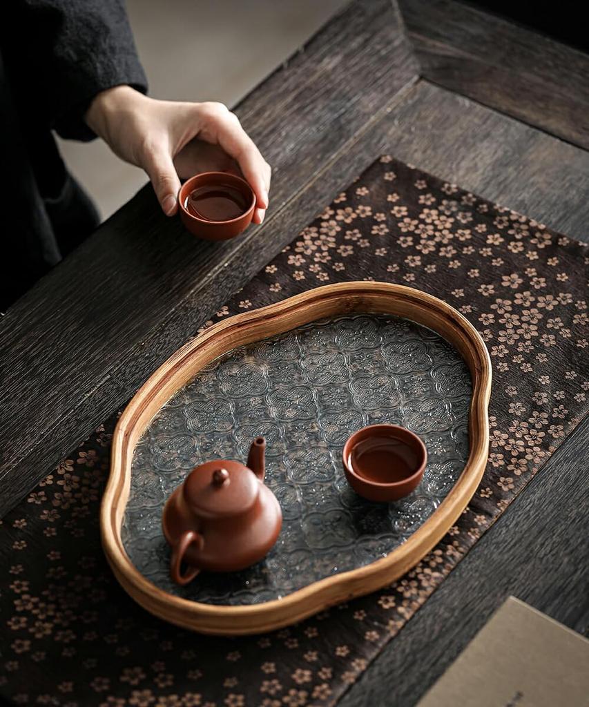 IwaiLoft [Chinoiserie Retro] Floral Glass Tray, Cloud-Shaped, Oval, Floral Design, 29cm35cm, Transparent, Glass Plate, Wooden, Cafe Tray, Tea Tray,