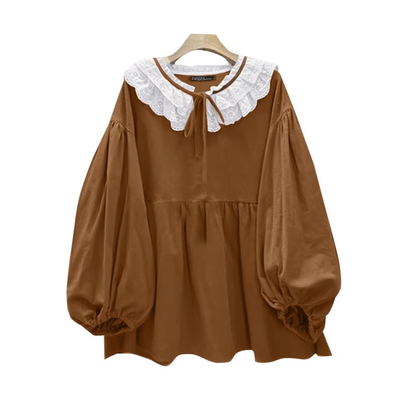 ZANZEA Dámská krajková háčkovaná halenka s kulatým výstřihem, volná, s dlouhým rukávem