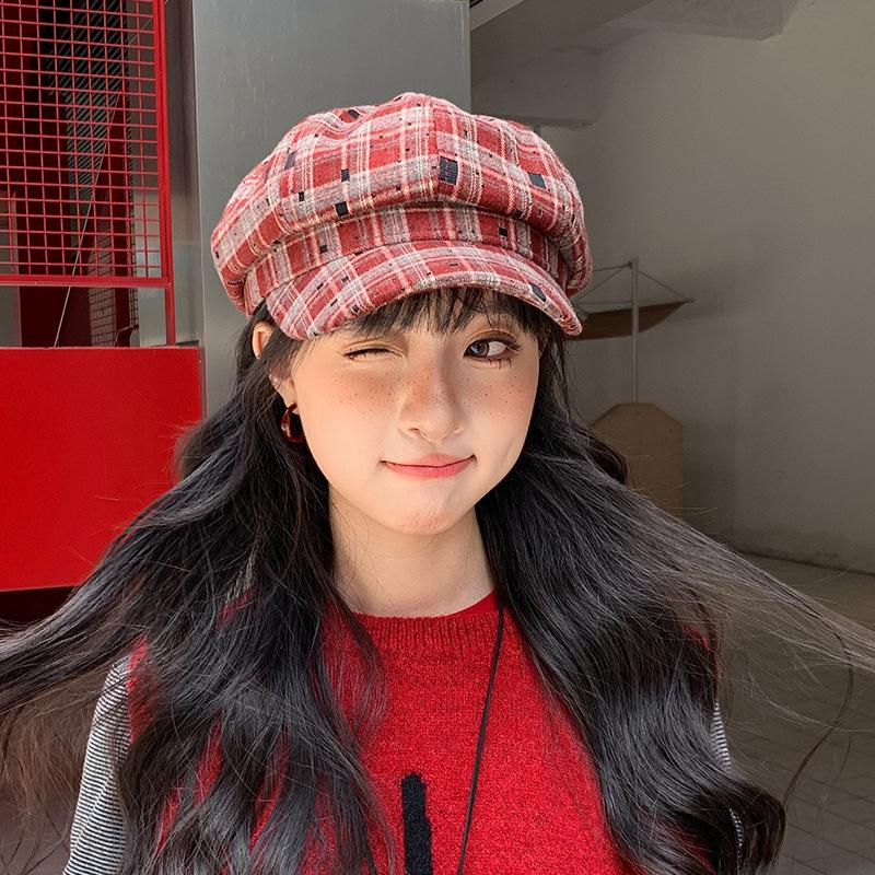 Plaid Octagonal Painter's Hat Women's Autumn and Winter Literary Retro Face Showing Small Cloud Hat Fashionable and Versatile Duck Beret