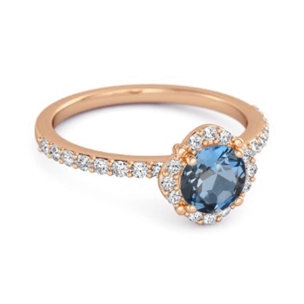 London Blue Topaz Floral Halo Pave Ring - 925 Sterling Silver Rose Gold Vermeil