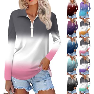 Damen Frühling und Mode Casual Printed Zipper V-Ausschnitt Langarm Shirt Tops