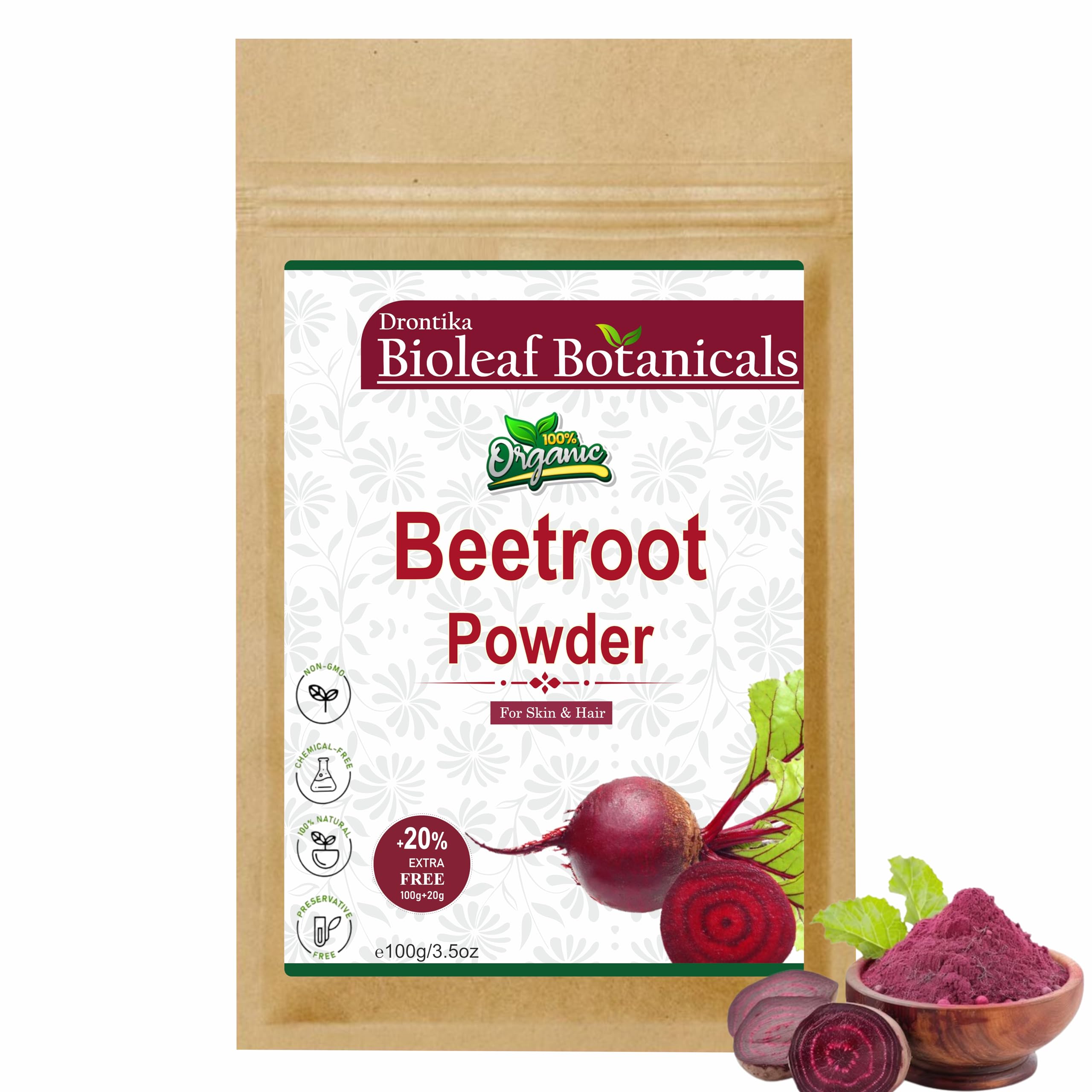 Drontika Bioleaf Botanicals 100% Pure Beetroot Powder 100gm for Face | Lips | Hair | Glowing & Shiny Skin Face Pack 100gm.
