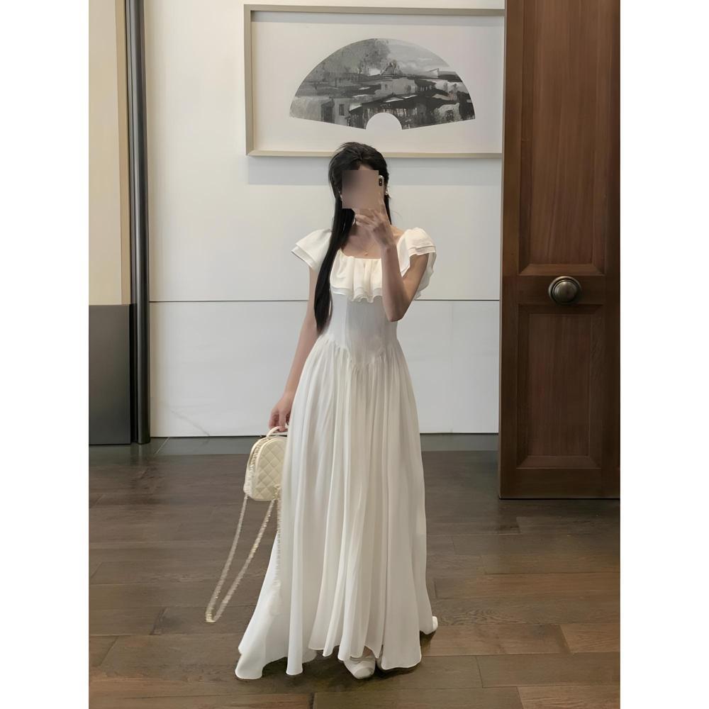 Weißes Kleid Damen Sommer Temperament Neu Lange Taille Quadratischer Ausschnitt Rüschenrand Ein-Wort-Schulter Flatterärmel A-Linien-Rock