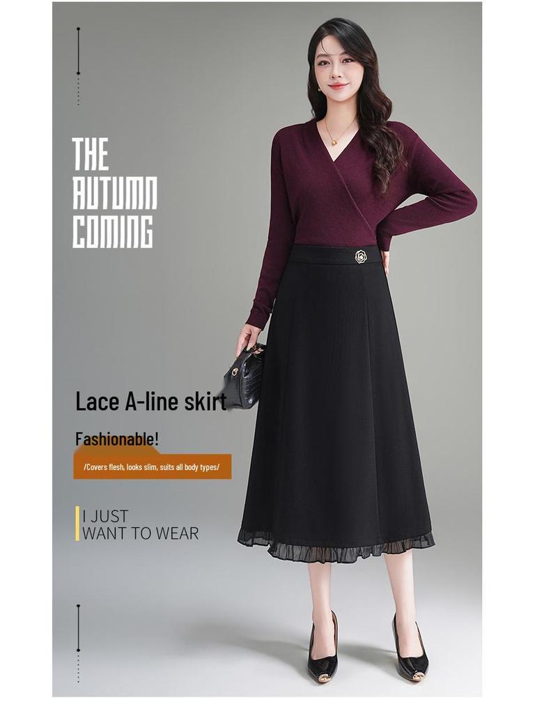 2026 Spring Elegant High Waist A-Line Midi Skirt with Wood Ear Lace Patchwork