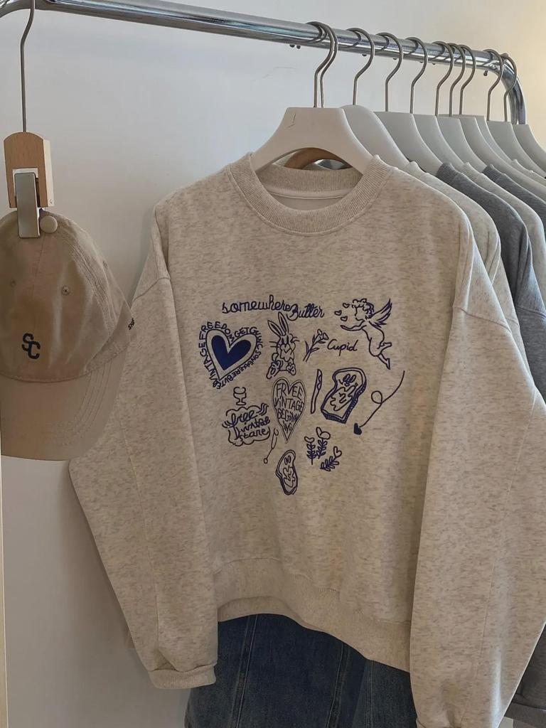 Autumn '24 Embroidered Love Rabbit Sweater - Long Sleeve, Small Round Neck Pullover