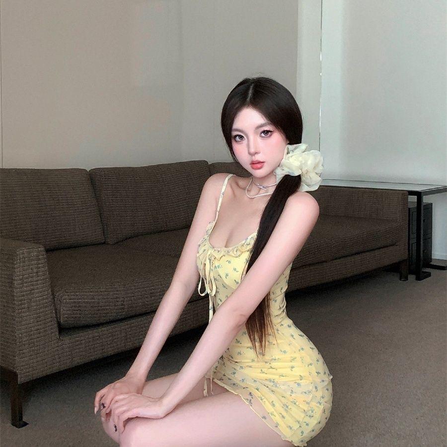 Pure Desire Wind Floral Dress Women's Spring Sweet Spice Girl Yellow Suspender Skirt Temperament Waist Thin Small Fresh Skirt