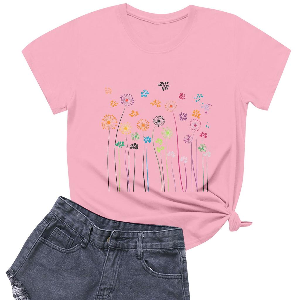 Women's Fashion Casual Printed Short Sleeve Round Neck Pullover Tops