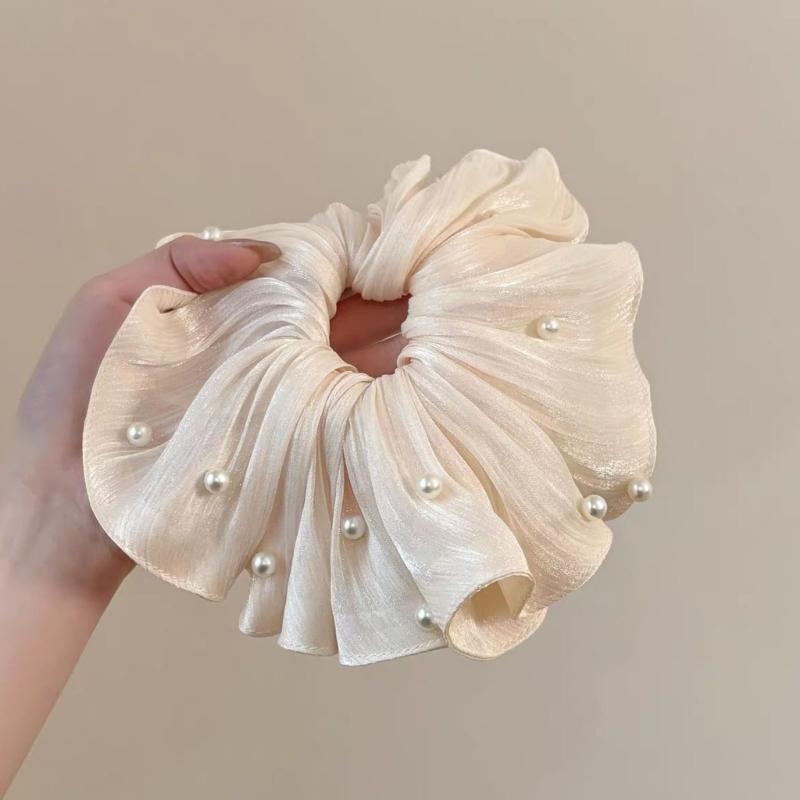 Übergroße Haargummis mit plissiertem Mesh und Perlendetail, Zopfgummi, modische Haaraccessoires für den täglichen Gebrauch