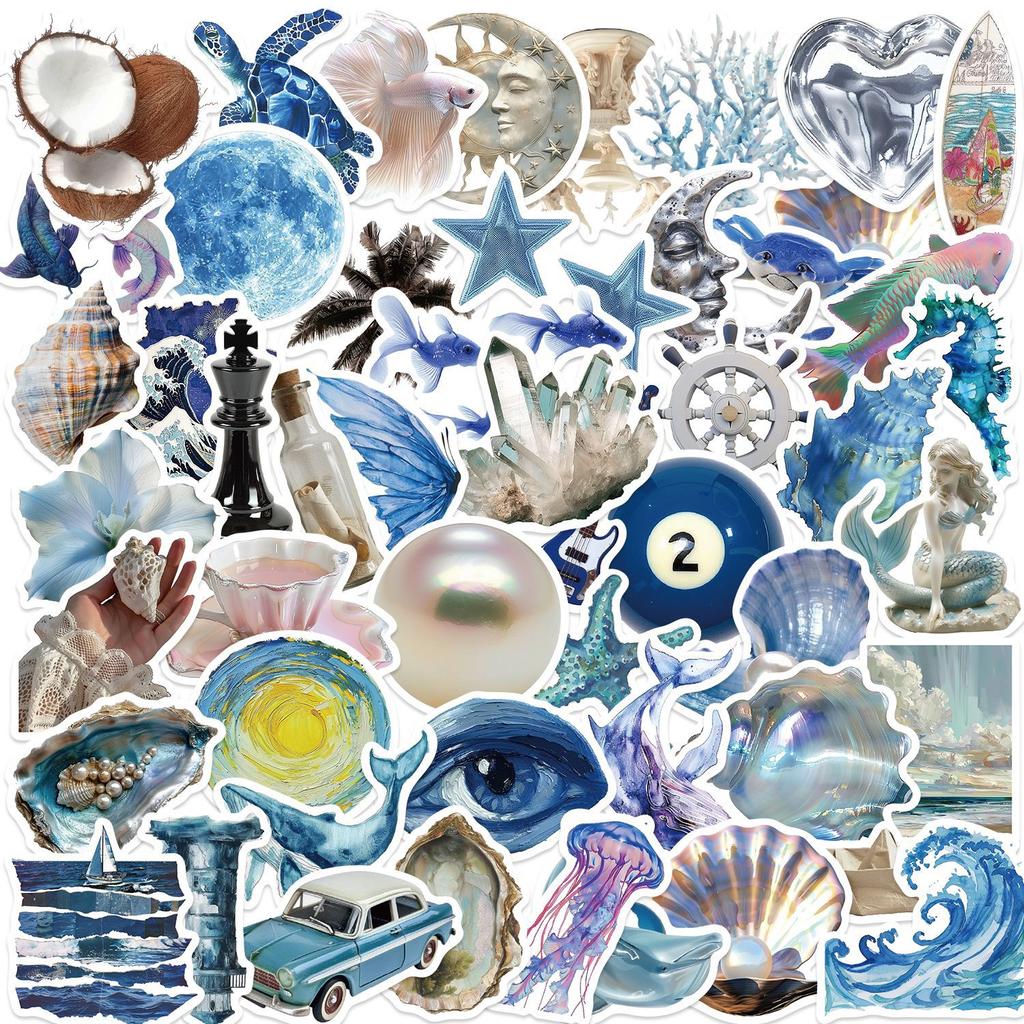 50 Silver Blue Ocean Ins Graffiti Stickers Decorate Guitar Notebook Suitcase DIY Waterproof Stickers