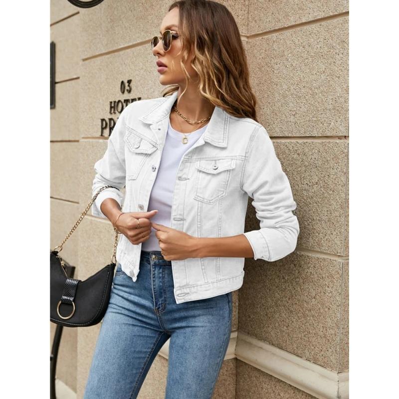 Women's Fashion Denim Button Jacket Solid Color Plus Size Long Sleeved Short Coat