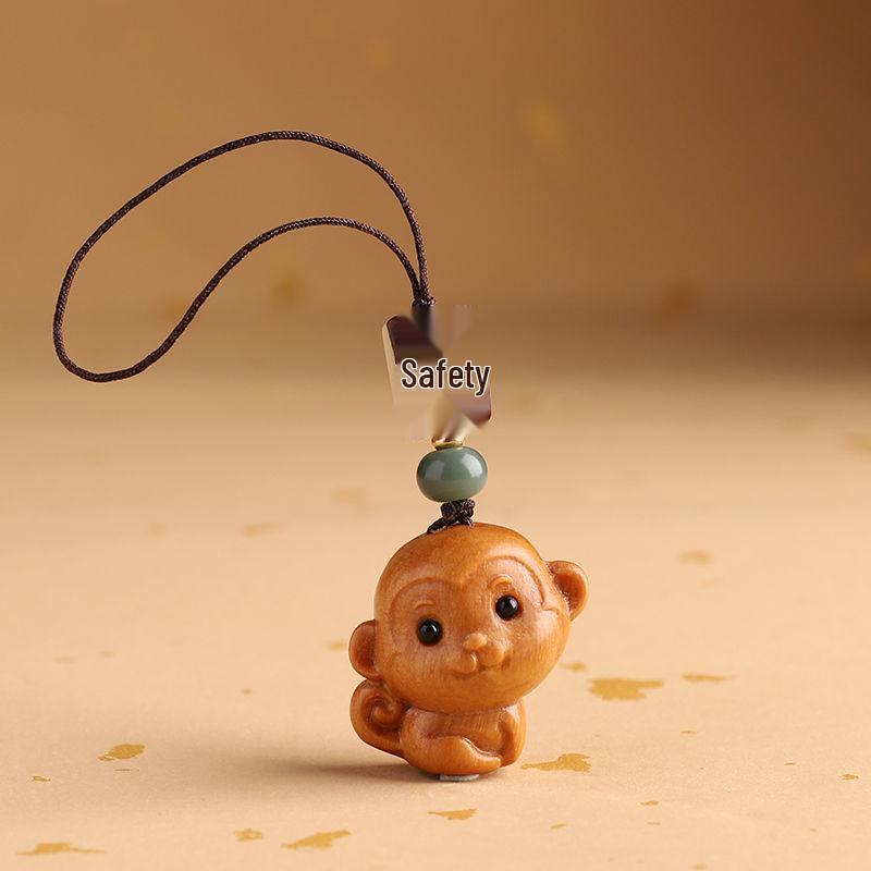 Sandalwood Zodiac Monkey Keychain Pendant: Retro Car Ornament for Men & Women