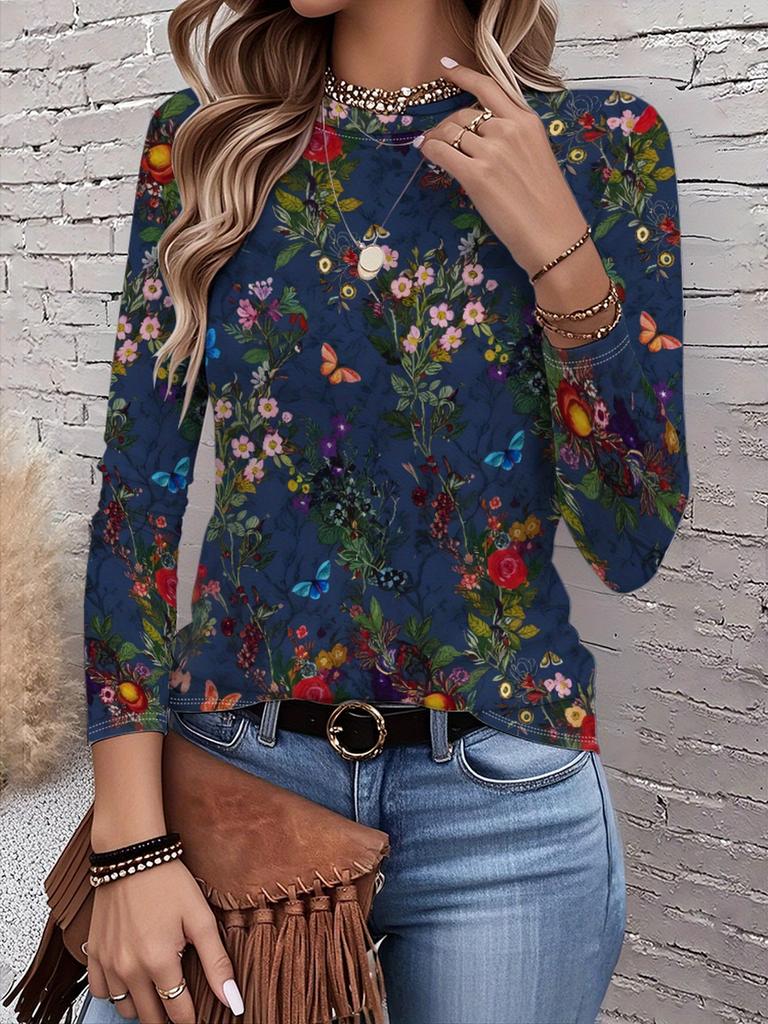 2026 New Women's Fashionable Long-Sleeved T-Shirt with Retro Floral Pattern, Perfect for Everyday Wear and Stylish Outfits