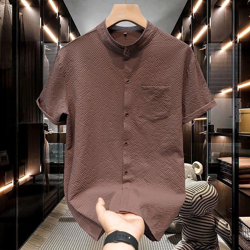 Summer Men's Shirt Short Sleeved Bubble Gauze Stand Up Collar