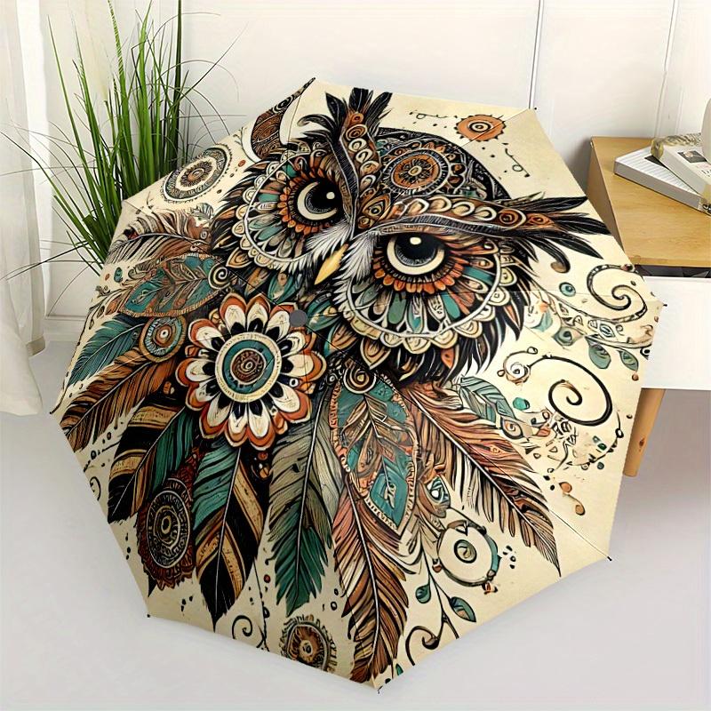 1pc Owl Mandala Automatic Open 8-Rib Windproof Umbrella, Travel & Commuting, Suitable for All Seasons
