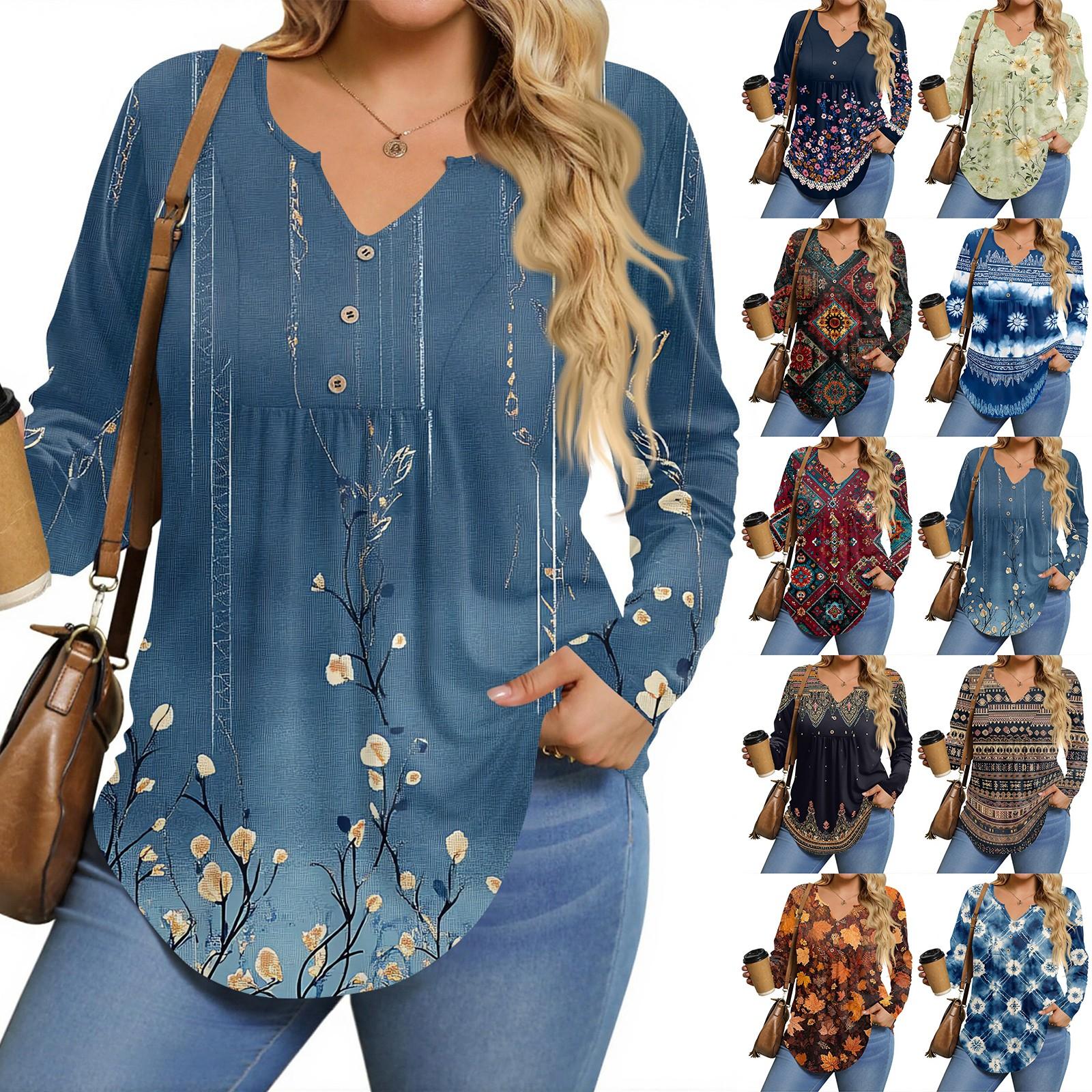 

Womens Plus Size Long Sleeve Shirts V Neck Tunic Tops Basic Loose Fit Tee Tops XL винний