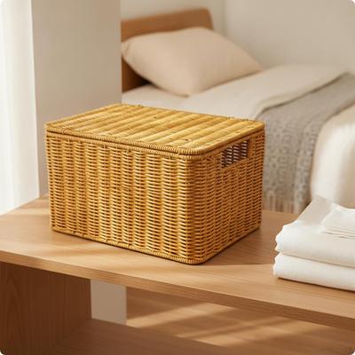 Braided Storage Basket with Lid Builtin Side Handles, SpaceSaving Compact Shape, Wicker