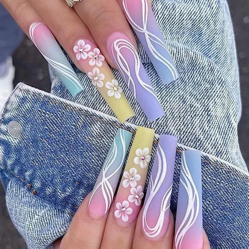24Pcs Long Coffin False Nails with Love Rhinestone Design Pink French Ballet Fake Nails Manicure Tips Wearable Press on Nails