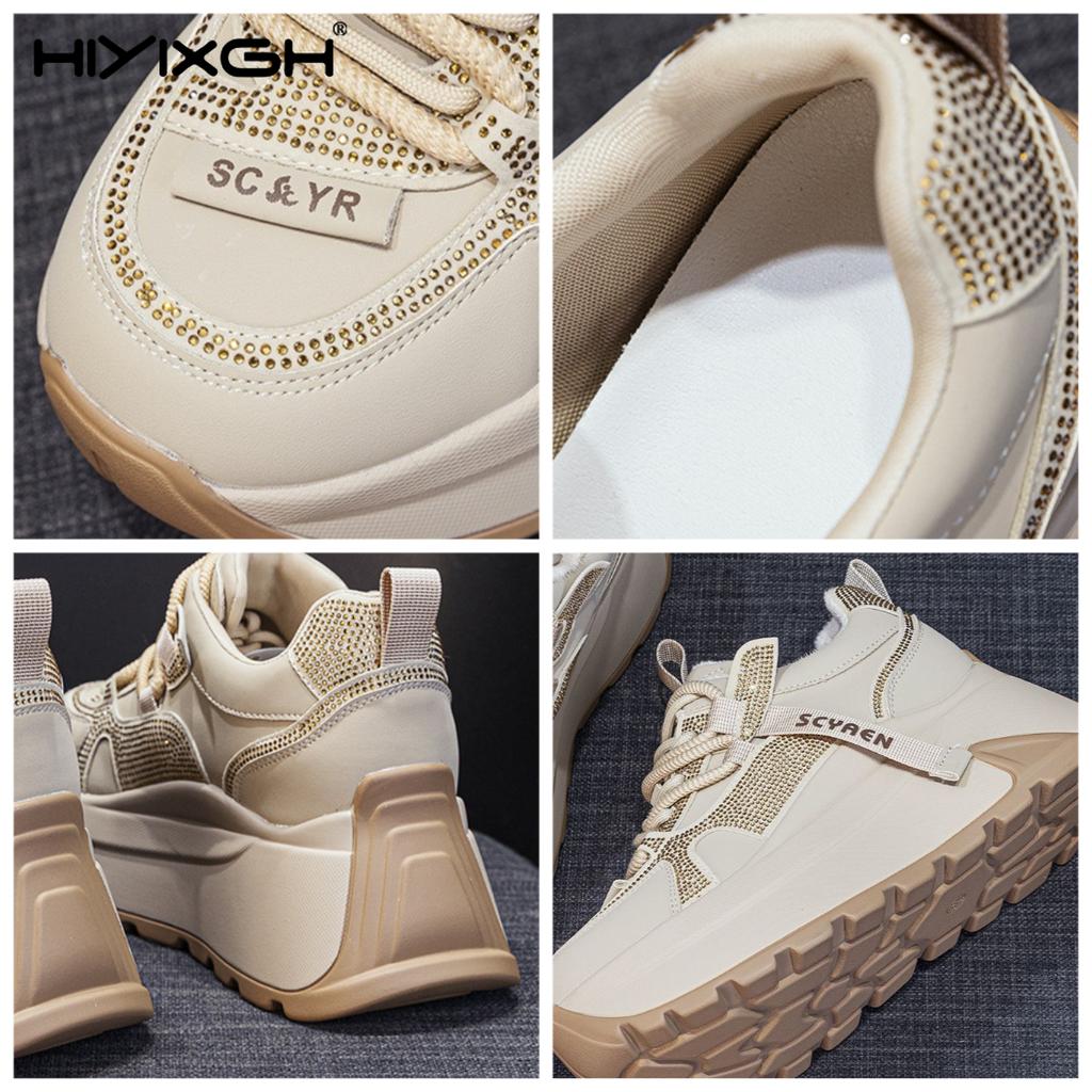 8cm Chunky Sneakers Platform Heel Women Casual Shoes Genuine Leather Comfortable Walking Shoes Warm Fur Winter Shoes