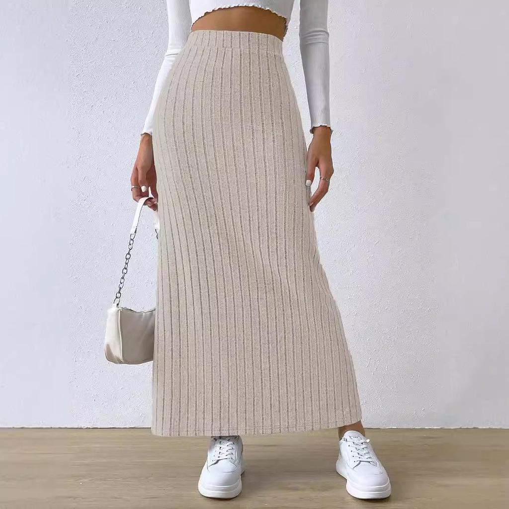 High-Waisted Side Slit Slimming Midi Knitted Skirt - European & American Style for Women