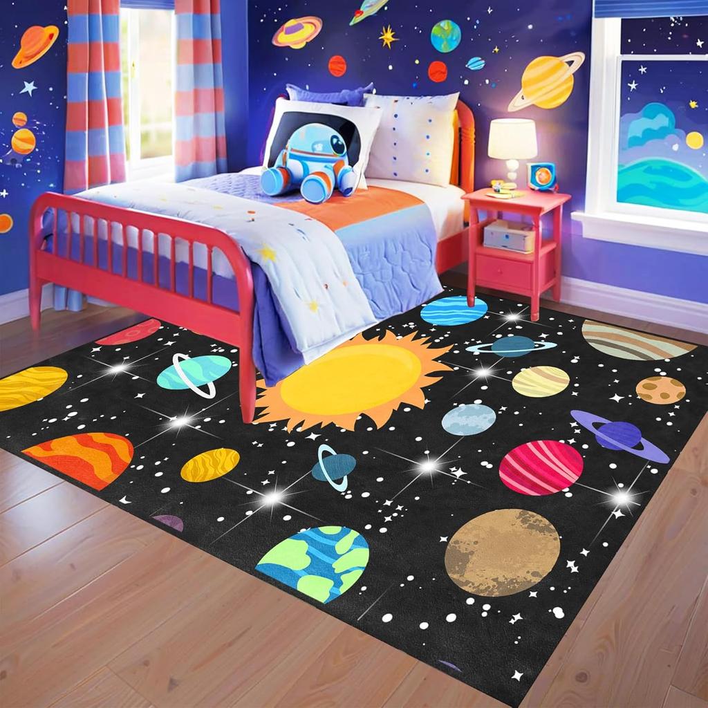 Cartoon Solar System Rug for Kids Bedroom, Space Galaxy Planet Carpet, Educational Outer Space Theme Play Mat for Boys Girls