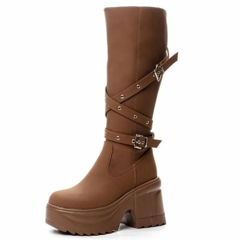 Mode Damen Kniehohe Stiefel Mikrofaserleder Sexy Hohe Absätze Lange Stiefel Damen Reißverschluss Gürtelschnalle Damenschuhe Mode Tide