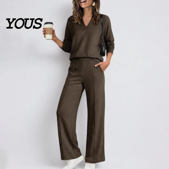 Damen Lässiges Loungewear Sweatshirt Hosen 2-teiliges Set, V-Ausschnitt Langarm Oberteil & Weiter V-Ausschnitt Pullover Sets Hosen mit Elastischem Bund, Einfarbig