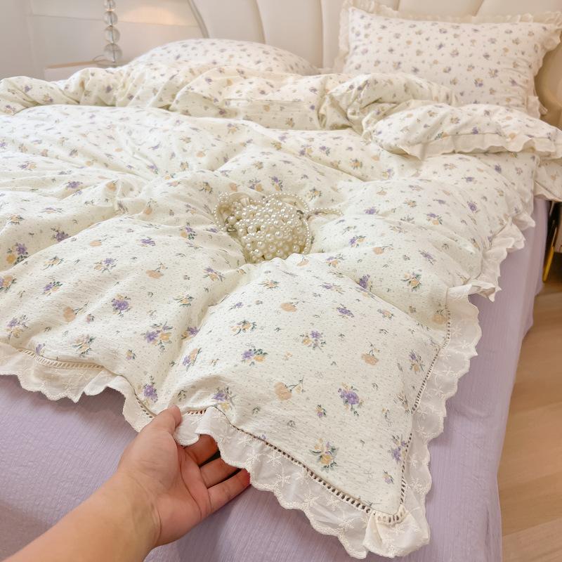 Small fresh washed cotton bed four-piece set double-layer yarn floral quilt cover sheets princess wind hollow lace three-piece set