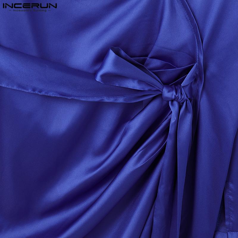 INCERUN Men Long Sleeve Cutout Satin Shirts Casual Solid Color Tops