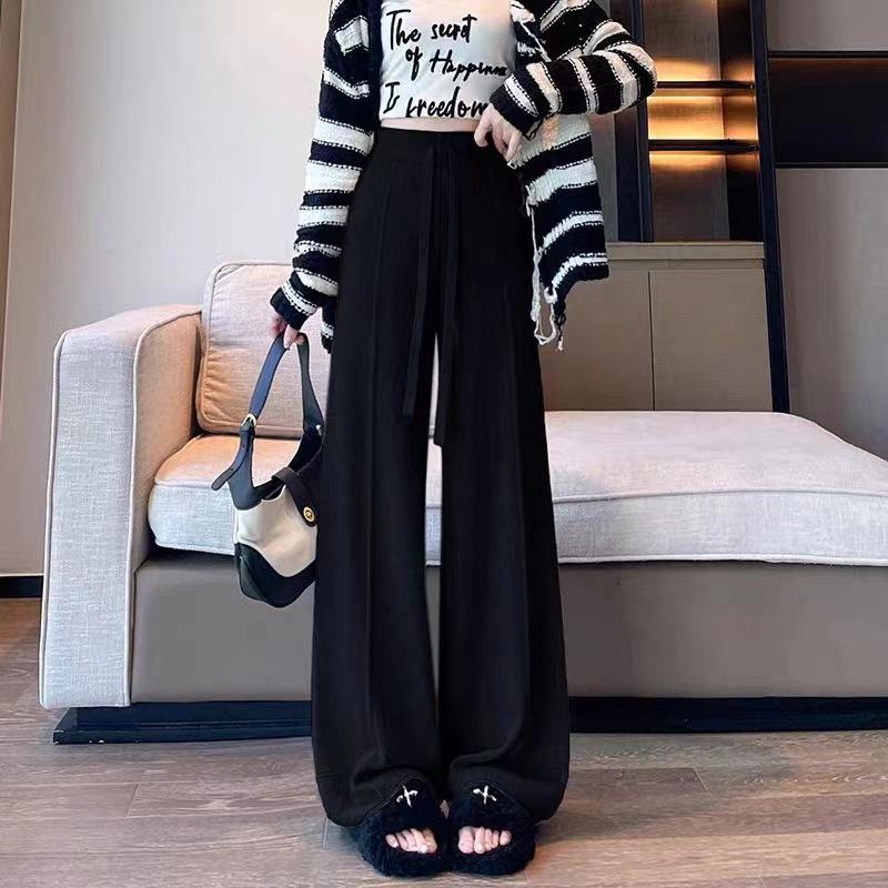 Autumn/winter new solid color simple straight-leg knit pants for women, elastic high-waist, versatile solid-color wide-leg pants