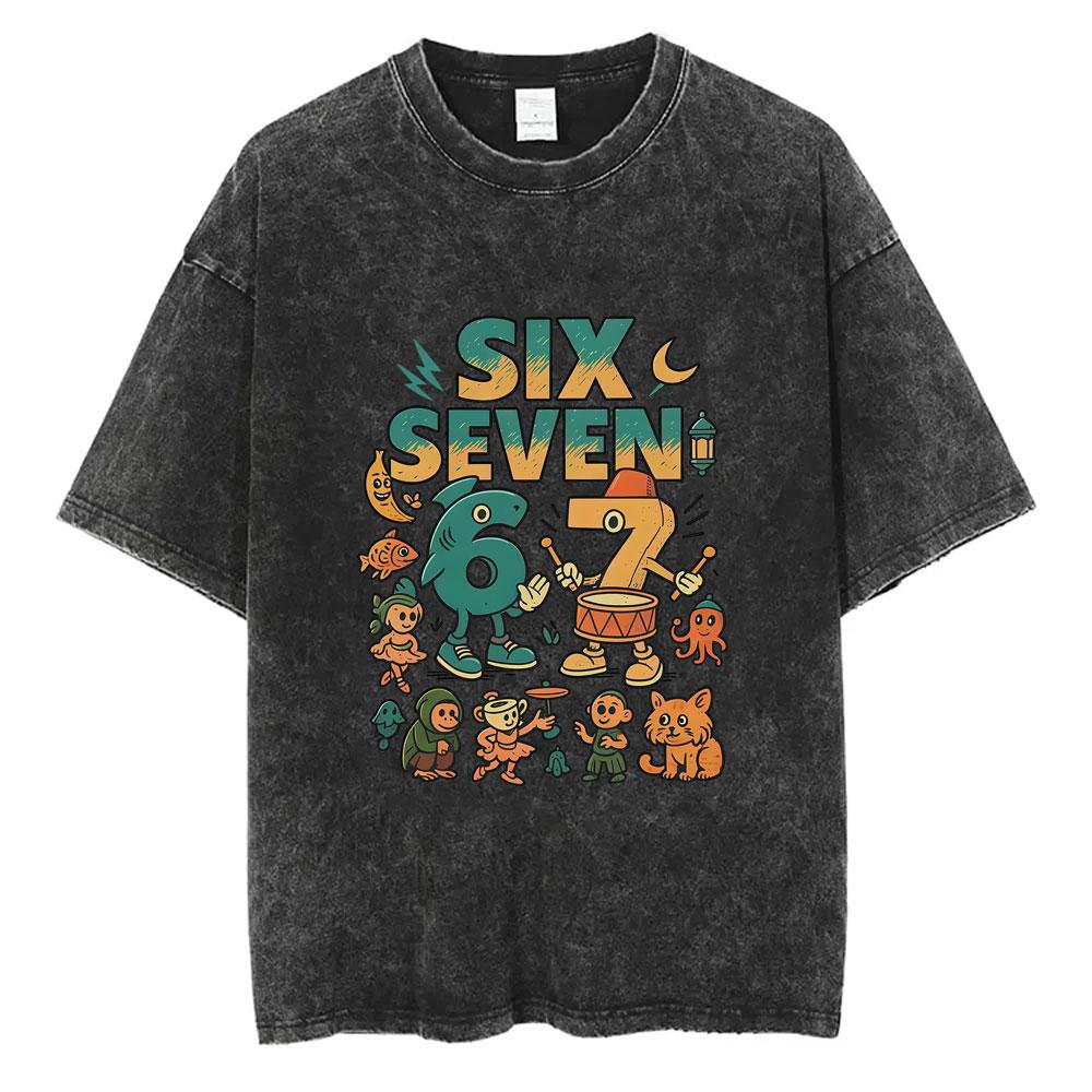 Funny Italian Brainrot Vintage Washed Tshirt Six Seven Number Tshirt Men Women Casual Oversized Streetwear Male Casual Tees