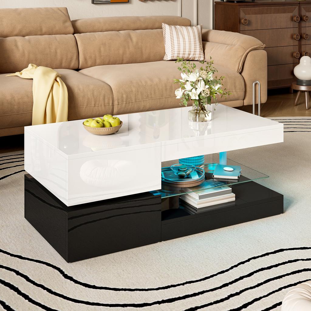 Moderner Couchtisch mit LED-Umgebungsbeleuchtung, APP- und Bluetooth-Steuerung, Glasablage & Hochglanzoberfläche, schwarz-weißes Design, 90x45x35,5 cm