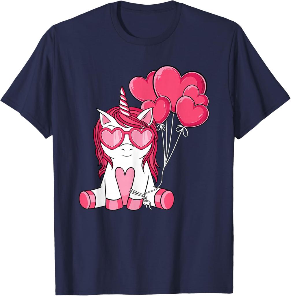 T-shirt Graphique Licorne Mignonne Avec des Ballons en Forme de Cœur Saint-Valentin Respirant Décontracté Manches Courtes pour Filles Enfants