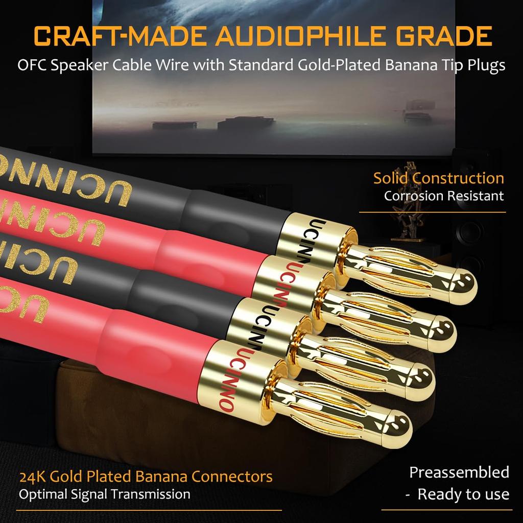 2-Pack of 4m 12AWG High-End HiFi OFC Speaker Cables with Banana Plugs, Bi-Wired, Cold-Welded, Oxygen-Free Copper Speaker Wire with 4mm Gold-Plated Ban