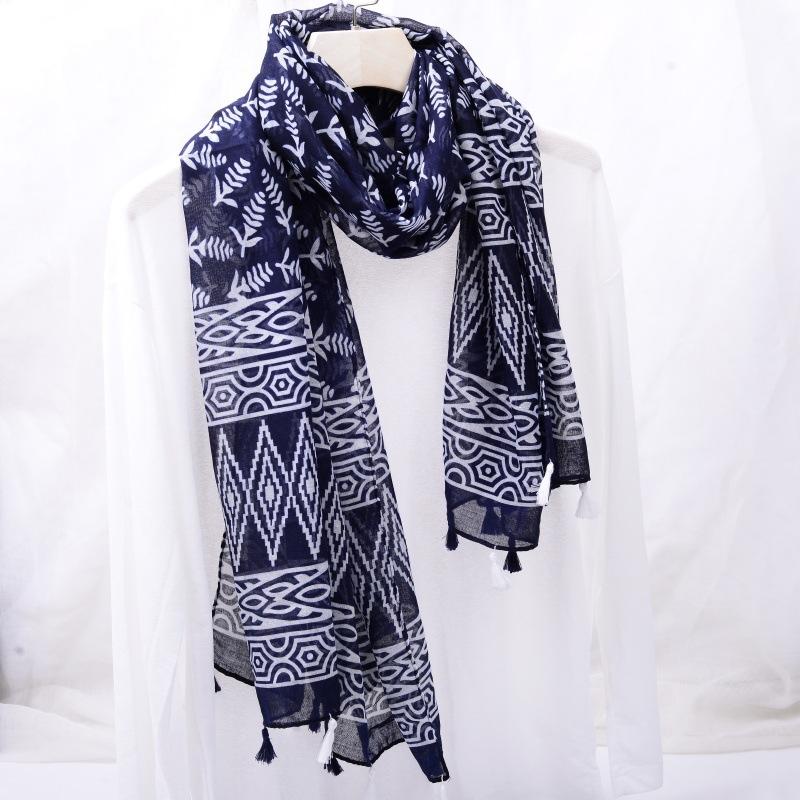 Ethnic Style Blue and White Porcelain Cotton and Linen Scarf, Women's Artistic Shawl, Travel Sunscreen Scarf, Office Shawl