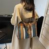 Large Capacity Canvas Bag Hand Carrying Student Class Crossbody Bag Striped Contrast Tote Bag