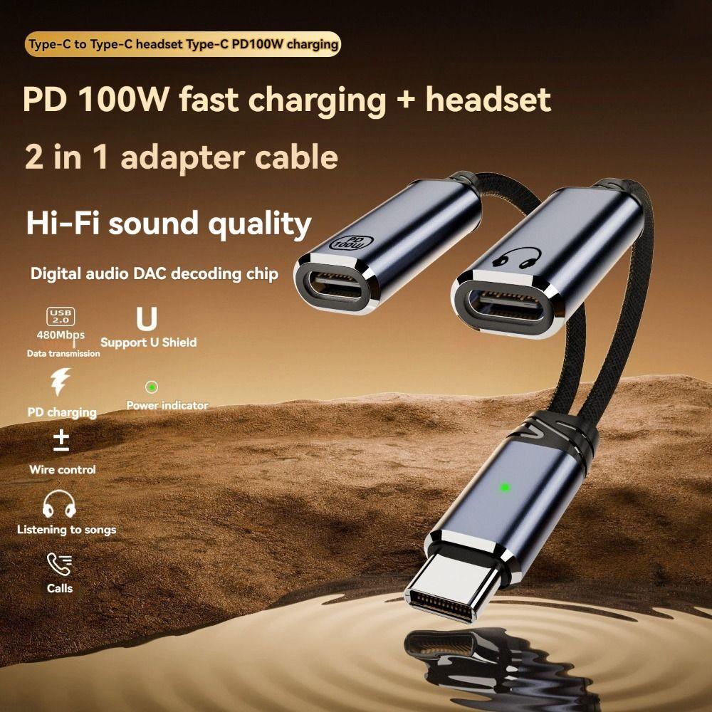 2 in 1 Dual Type-C Earphone Adapter PD 100W HiFi Music Heaphone Converter Data Transfer Wire Control Cable Mobile Phone