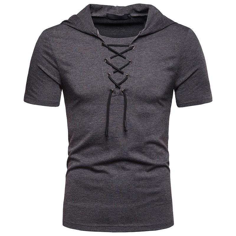 European And American Men's Hooded Loose Tie Up Hip-hop Casual Short Sleeved T-shirt