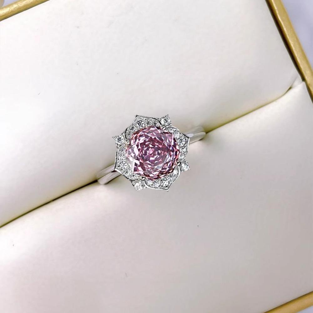 Octagonal Rose Cut Pink Diamond Floral Necklace Pendant High Carbon Diamond Earrings Rose Gold Ring Women Jewelry Set