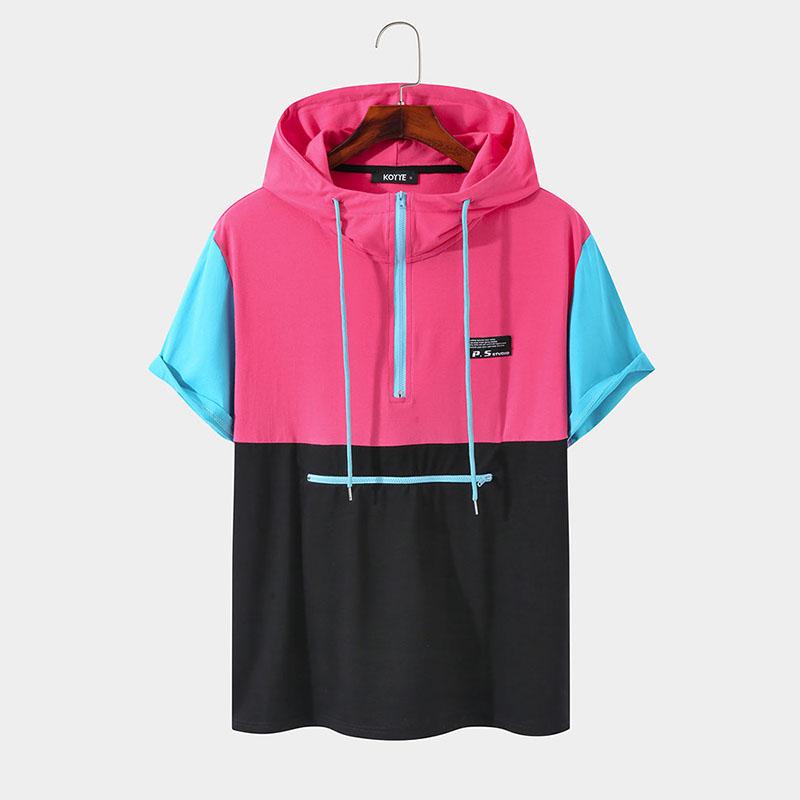 

Мужская летняя футболка с капюшоном и короткими рукавами на шнуровке в стиле пэчворк, уличная одежда, топы