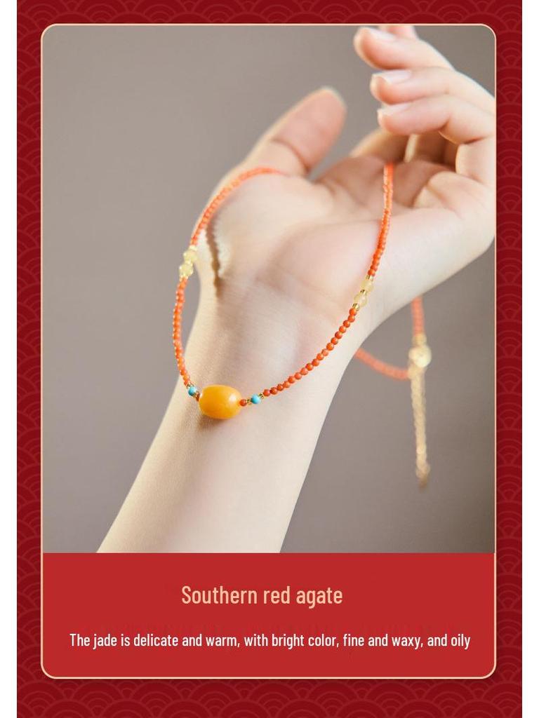 Nanhong Agate & Amber Red Beaded Pendant Choker Necklace