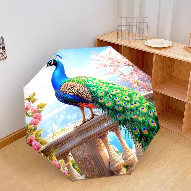 1 PC Automatic Folding Umbrella - Peacock Garden Pattern, Portable & Foldable Design with 8 Ribs, Christmas Birthday Gifts