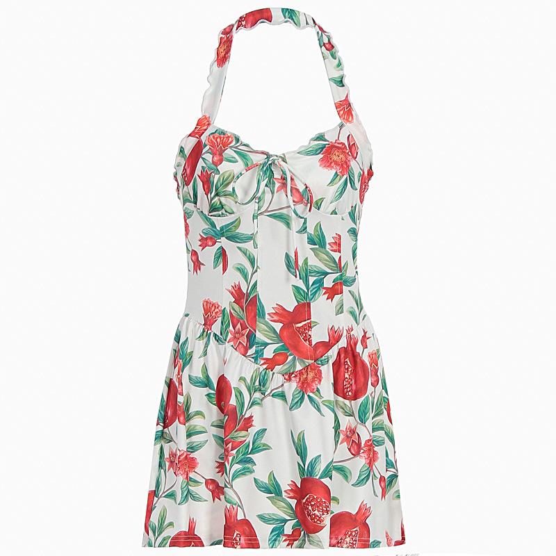 European and American style 2026 summer new neck holiday skirt sexy backless waist printed dress wholesale